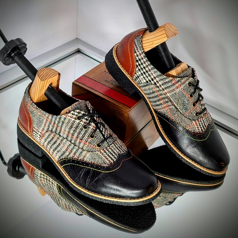 Stylish Plaid and Leather Oxford Shoes